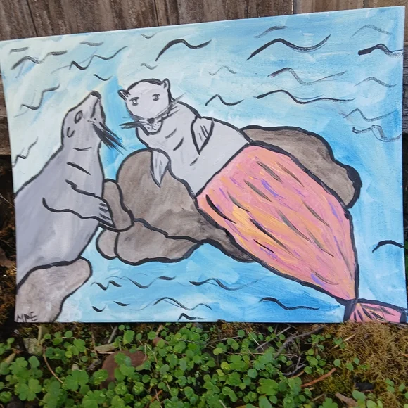 Sea Lions Mermaid Painting Folk Art - Picture 5 of 14